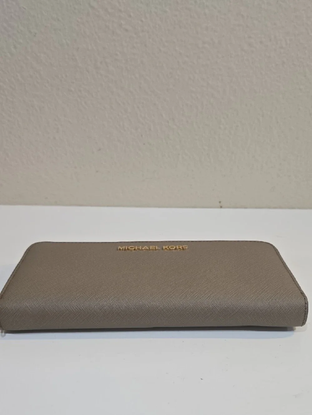 Michael Kors Taupe Saffiano Zip Wallet with Gold Hardware